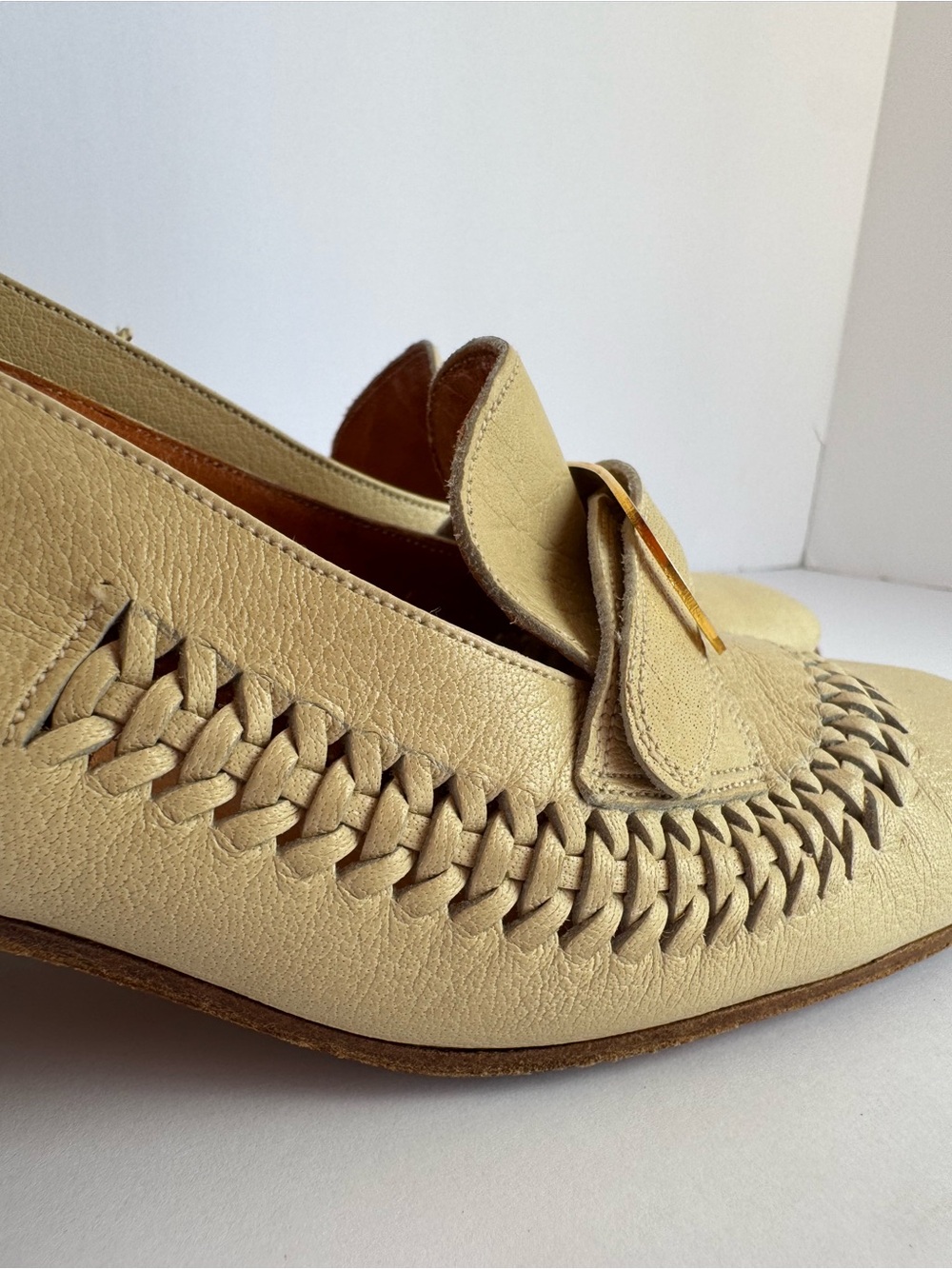 Clarks 70s Italian Leather Slingback Shoes 7.5 Narrow Block Heel Square Woven - Picture 4 of 14